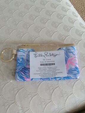Lilly Pulitzer Blue Pink Floral Keyring ID Case with Gold Trim